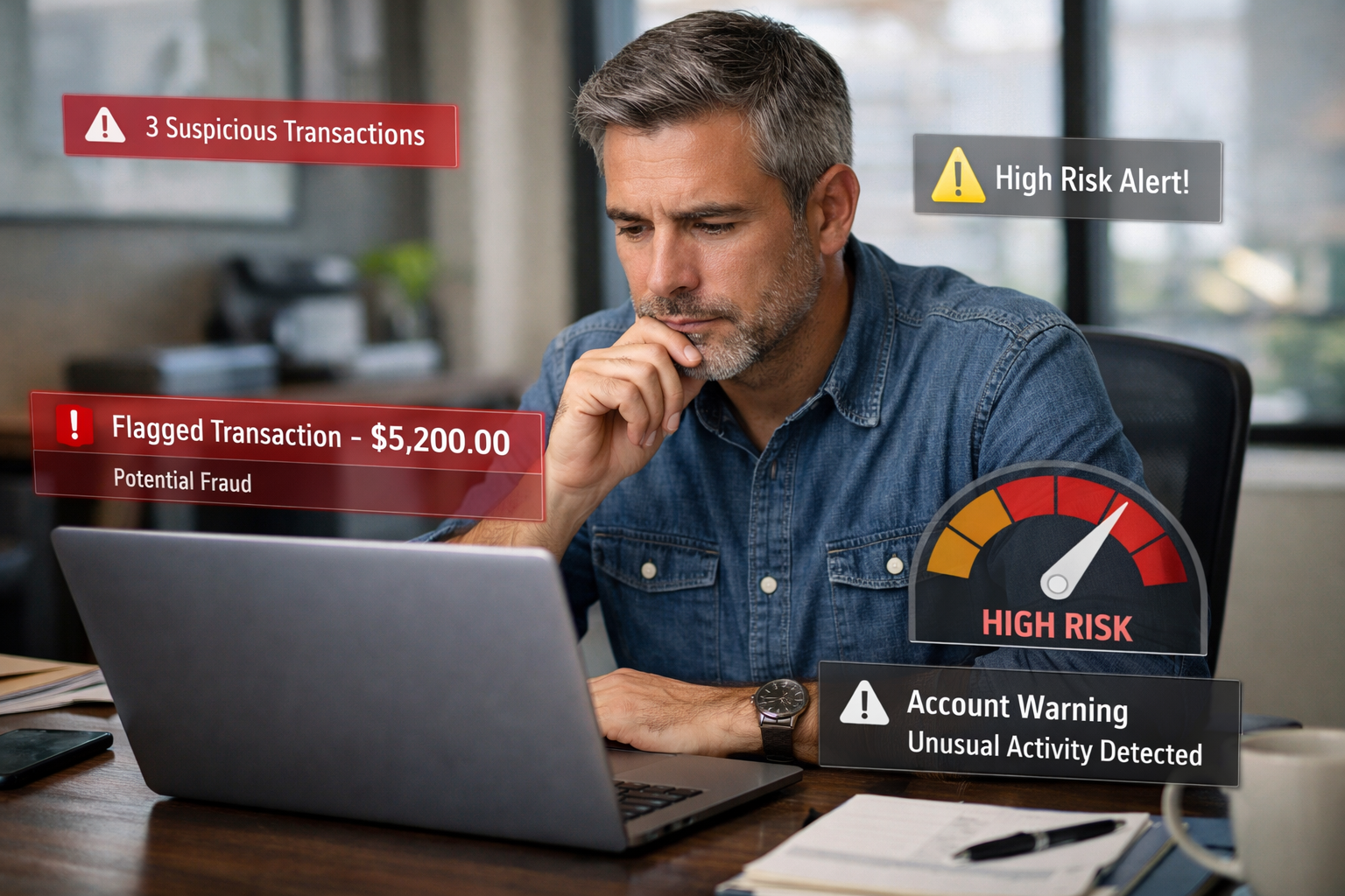 Small business owner reviewing transactions with fraud detection indicators on screen